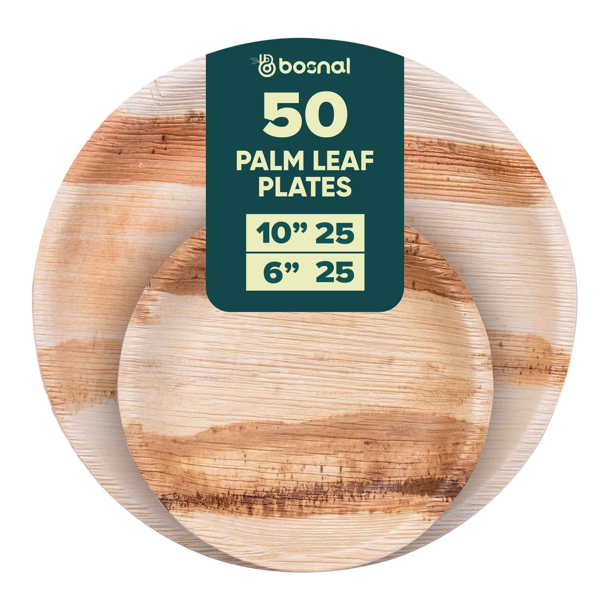 Eco-friendly Palm Leaf Biodegradable Round Plates Combo – 50 pcs Set (25 each of 10") by Bosnal, perfect for all occasions.
