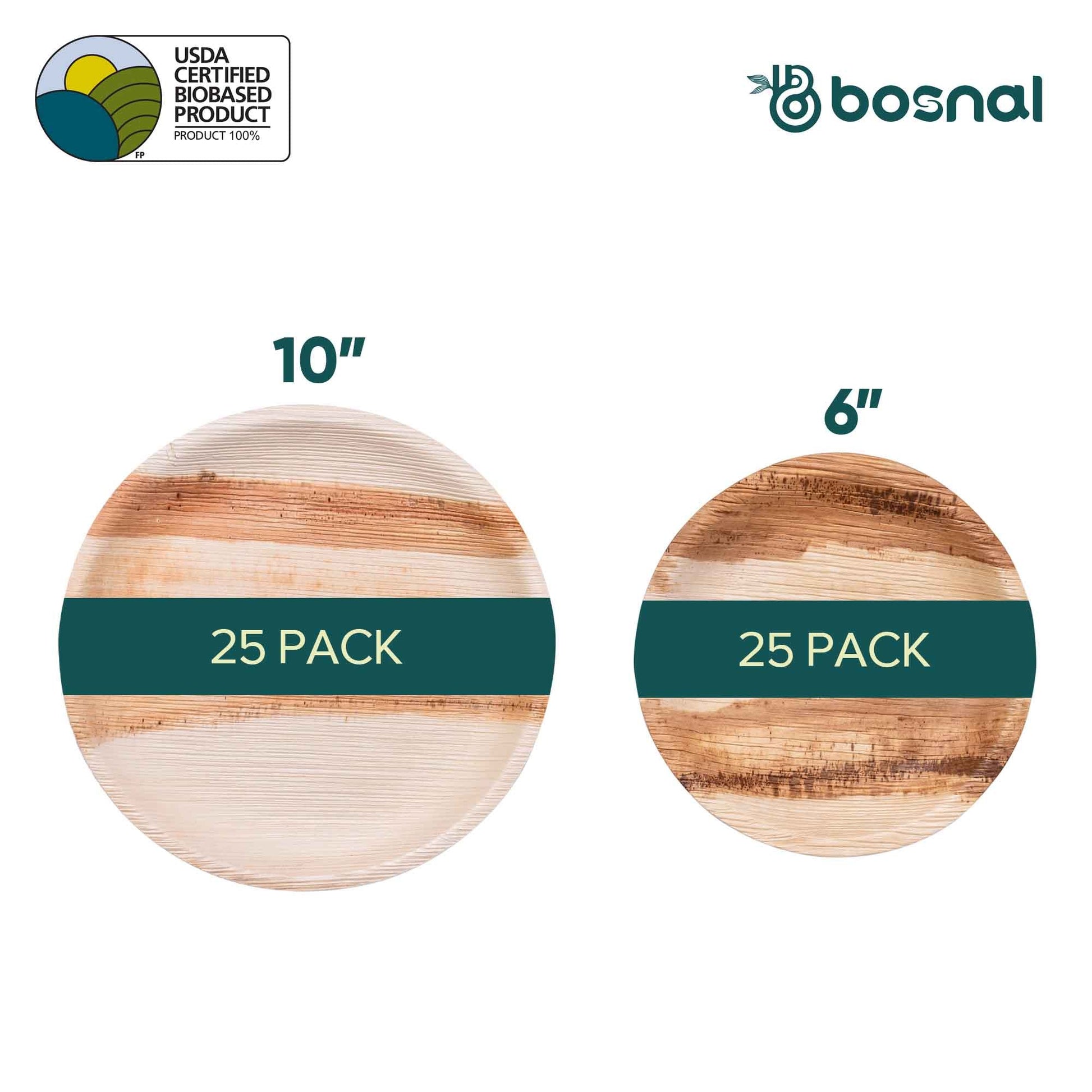 Palm Leaf Biodegradable Round Plates Combo – 50 pcs Set (25 each of 10" & 6") for eco-friendly dining by Bosnal.