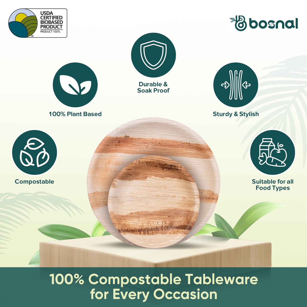 Eco-friendly Palm Leaf Biodegradable Round Plates Combo – 50 pcs Set (25 each of 10") for stylish dining.