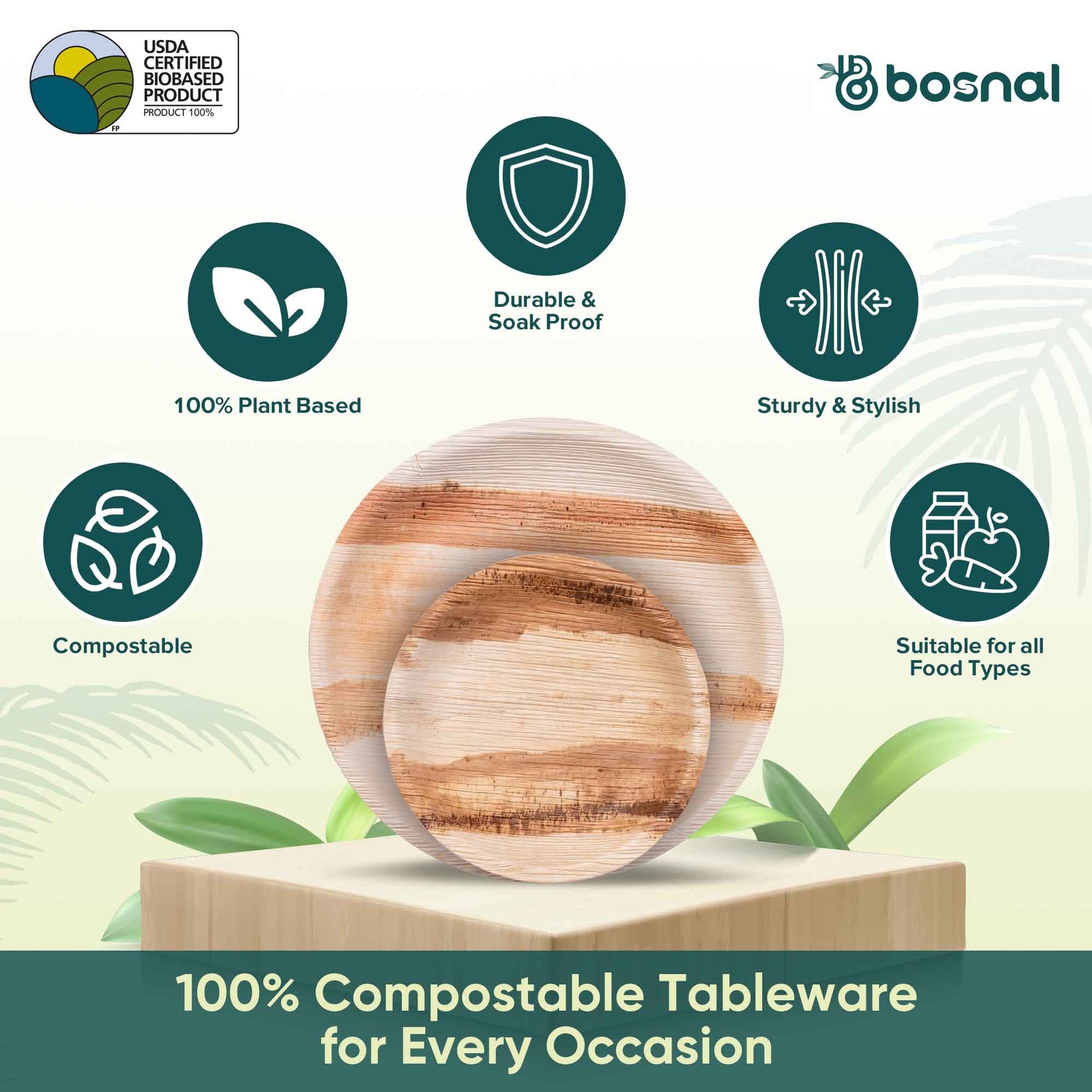 Eco-friendly Palm Leaf Biodegradable Round Plates Combo – 50 pcs Set (25 each of 10") for stylish dining.